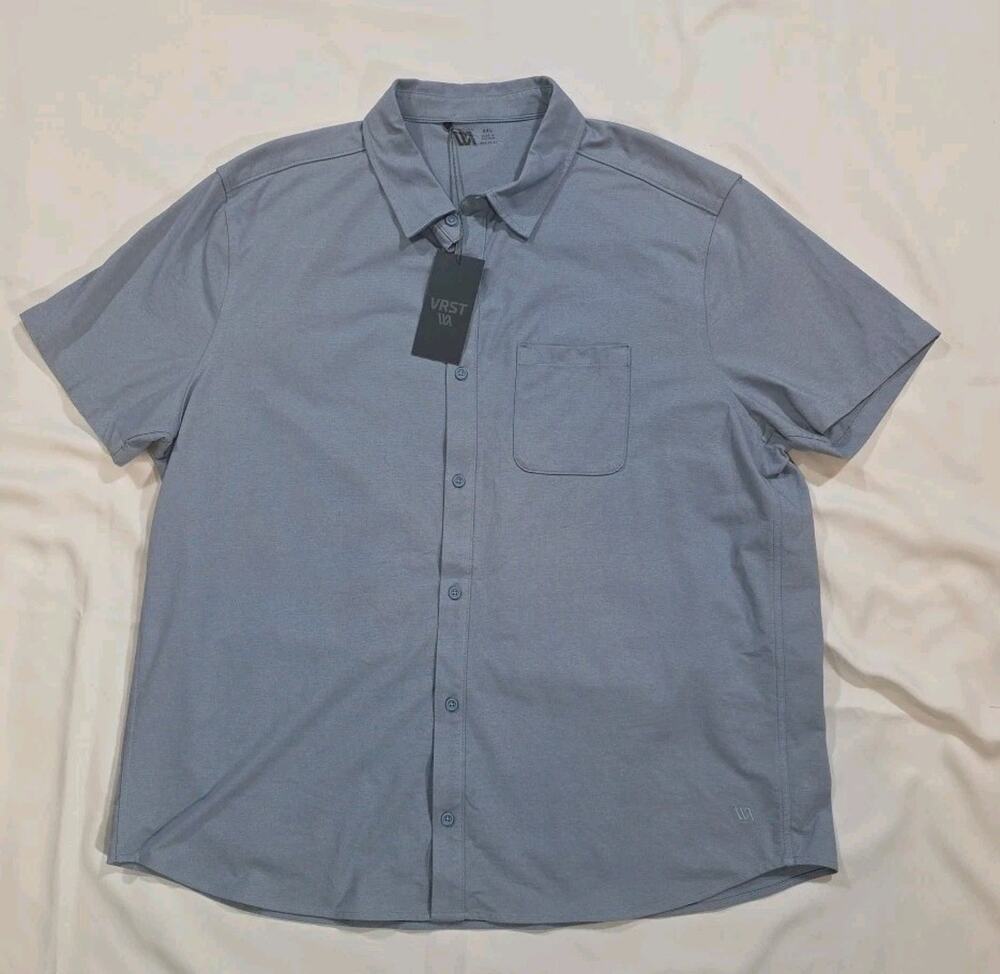 VRST Men's Refined Knit Short Sleeve Button Up Shirt Muted Denim 2XL - NWT